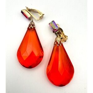 Vintage Lewis Segal Earrings California Orange AB Rhinestone Dangle Clip On